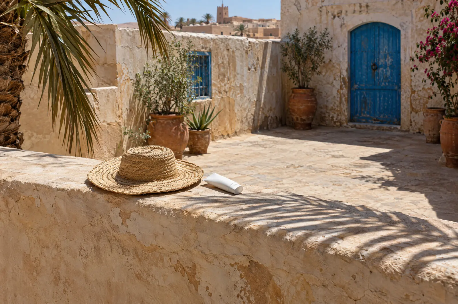 A straw sun hat and a tube of cream on a sunlit plaster wall striped by palm shadow in a dry courtyard.