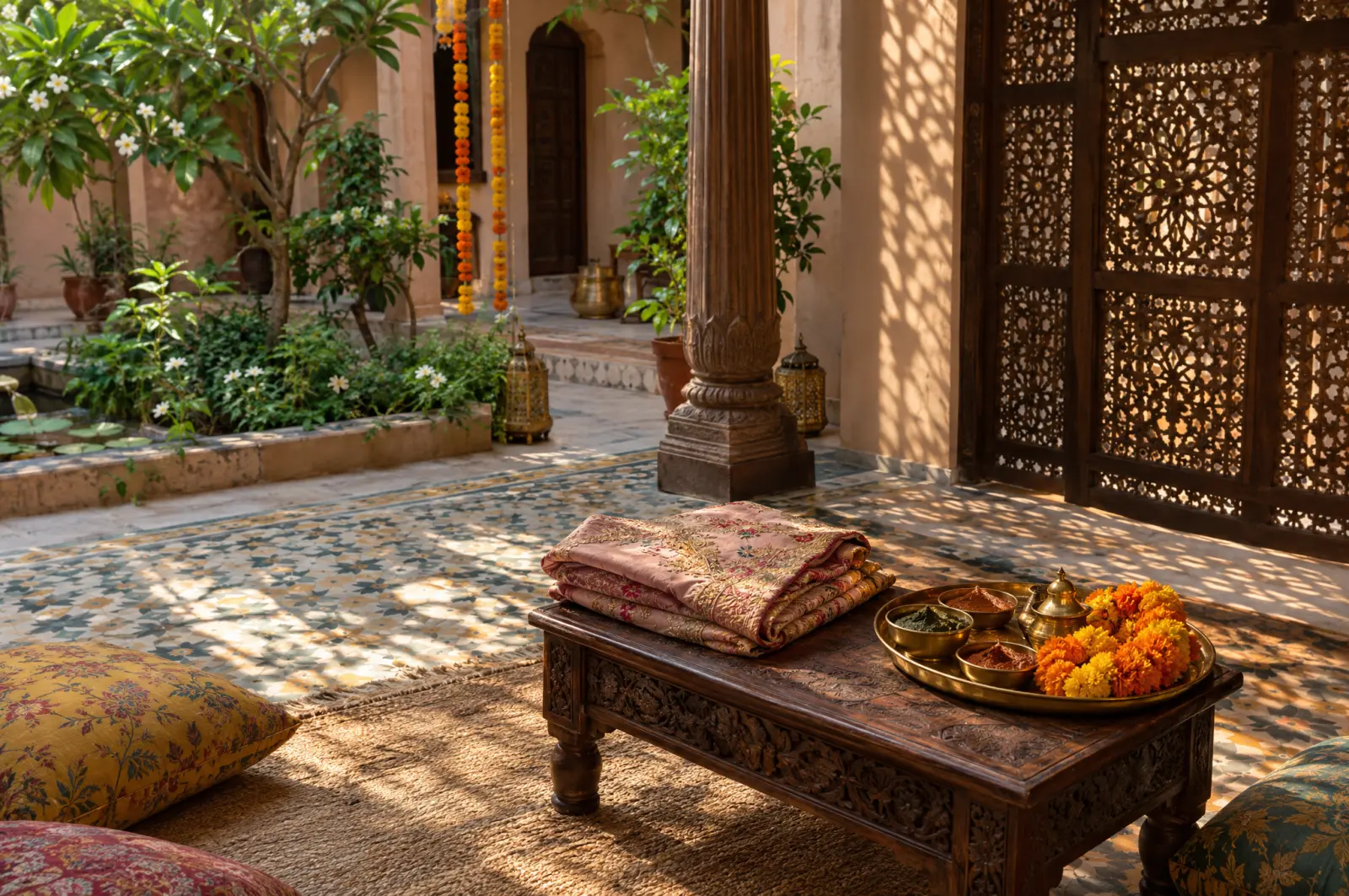 A folded embroidered garment and a brass tray of henna and marigolds on a carved table in a courtyard room.
