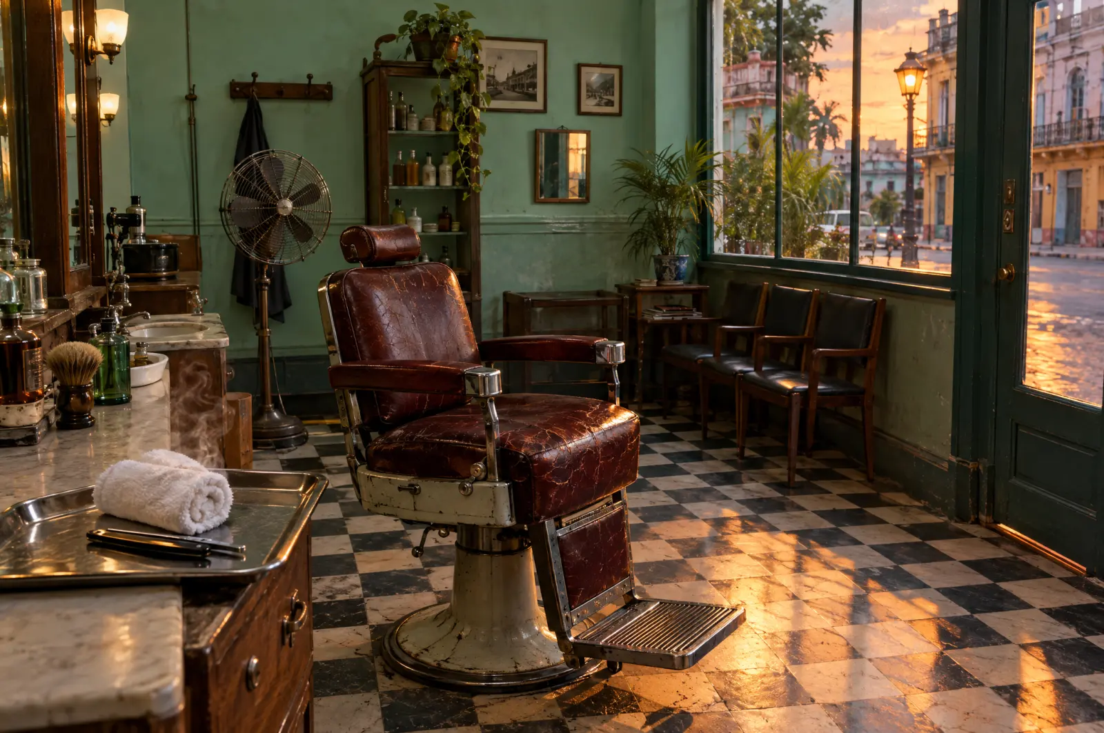 An empty barbershop at dusk with a leather barber chair, a rolled towel and a razor on a steel tray.