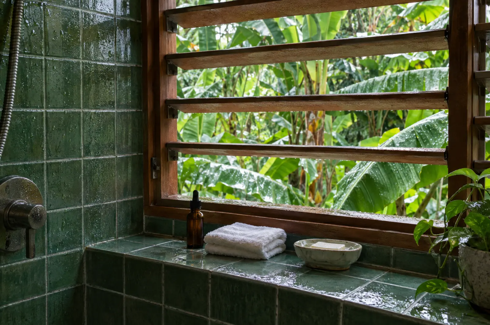 A green-tiled shower ledge with a dropper bottle, a folded towel and soap, wet banana leaves beyond open louvres.