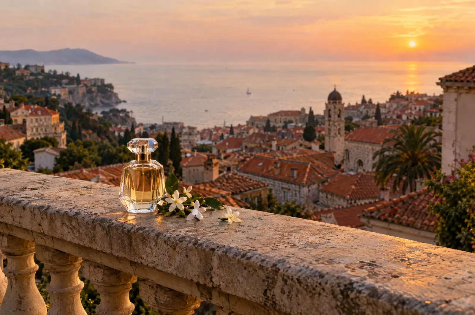 A glass perfume bottle and fallen jasmine on a stone balustrade above a coastal town at sunset.