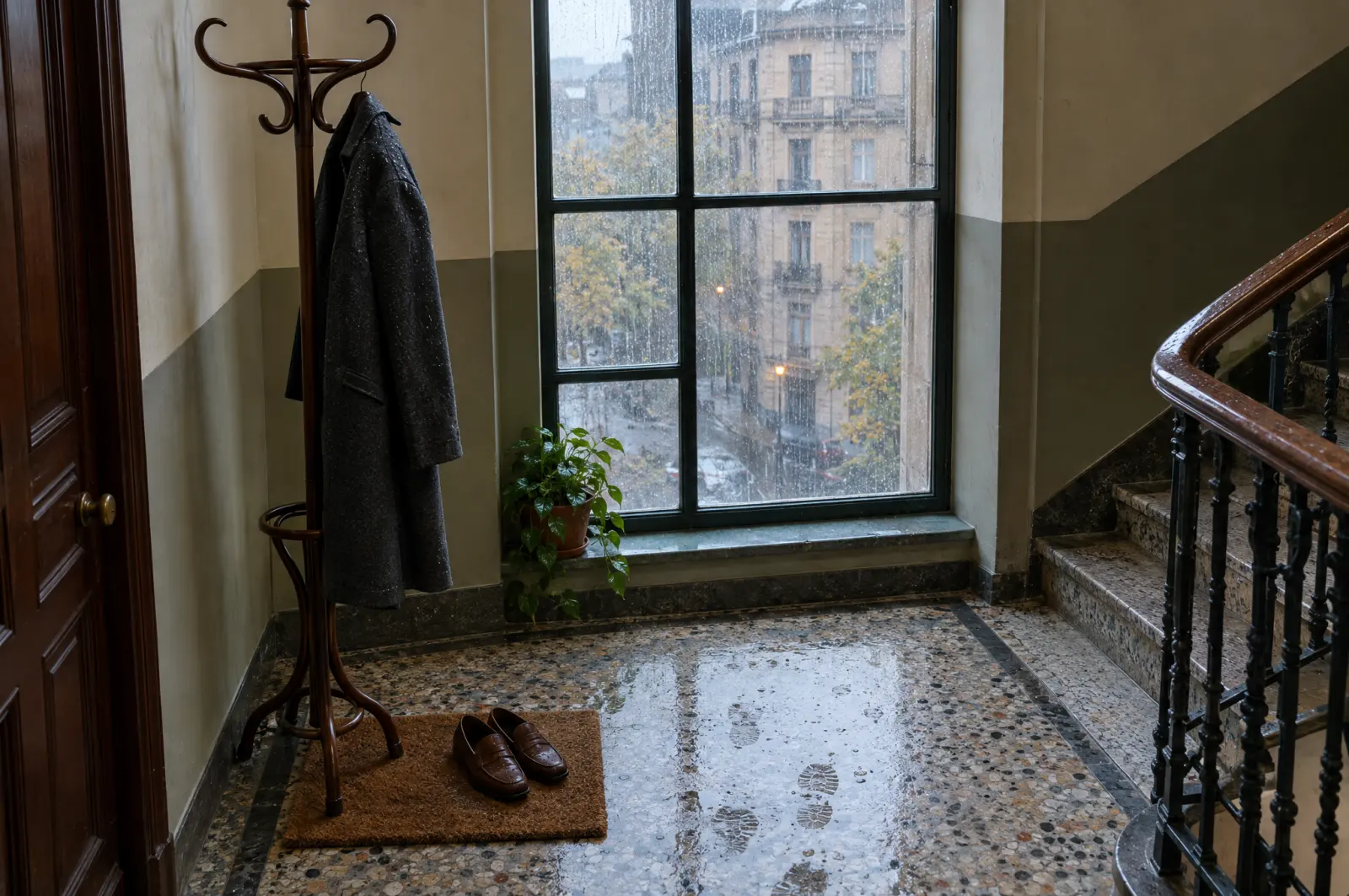 A damp wool overcoat on a bentwood stand and wet loafers on a doormat in a rainy terrazzo stairwell.