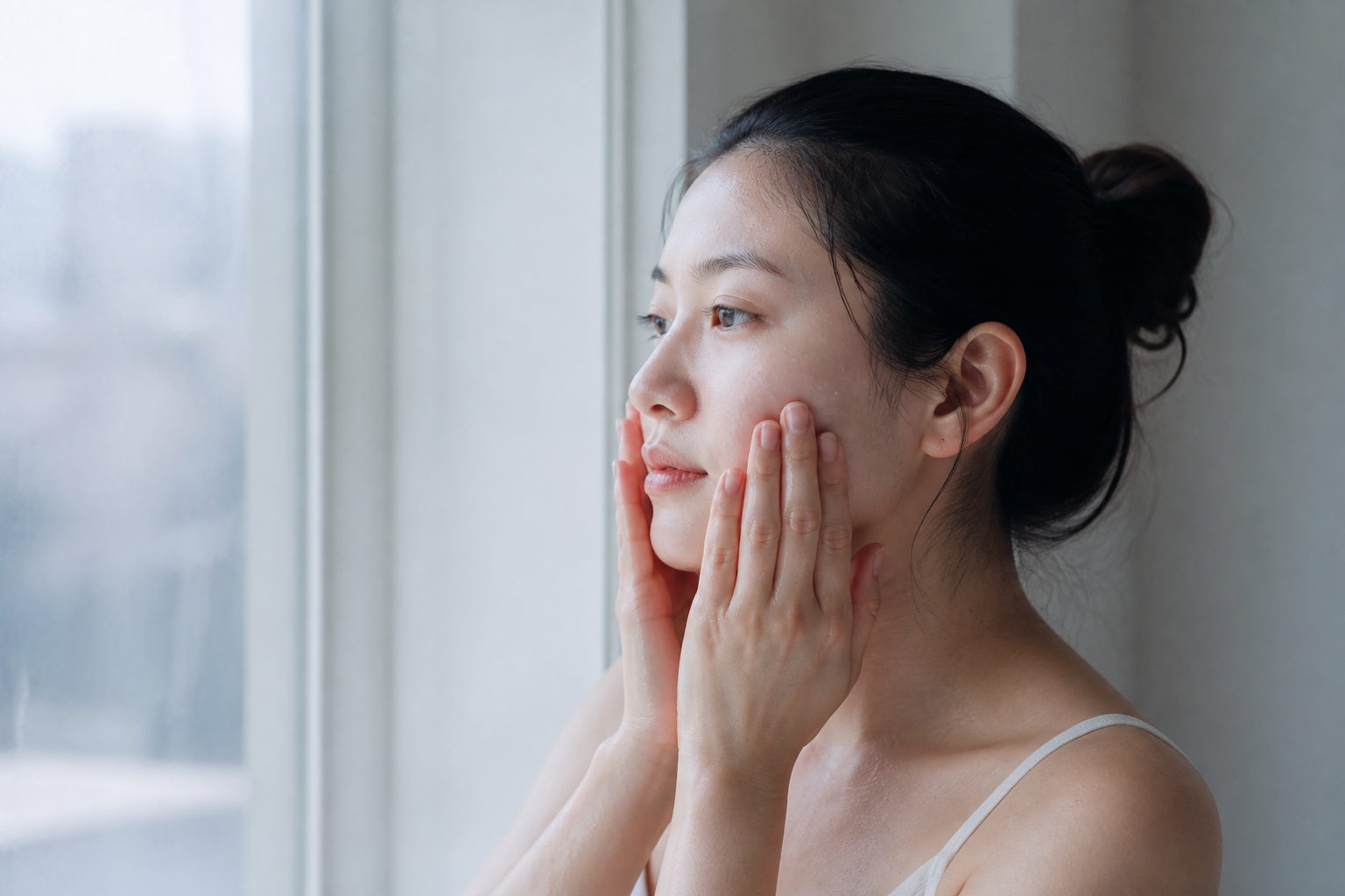 A woman presses damp hands to her face beside a cool morning window.