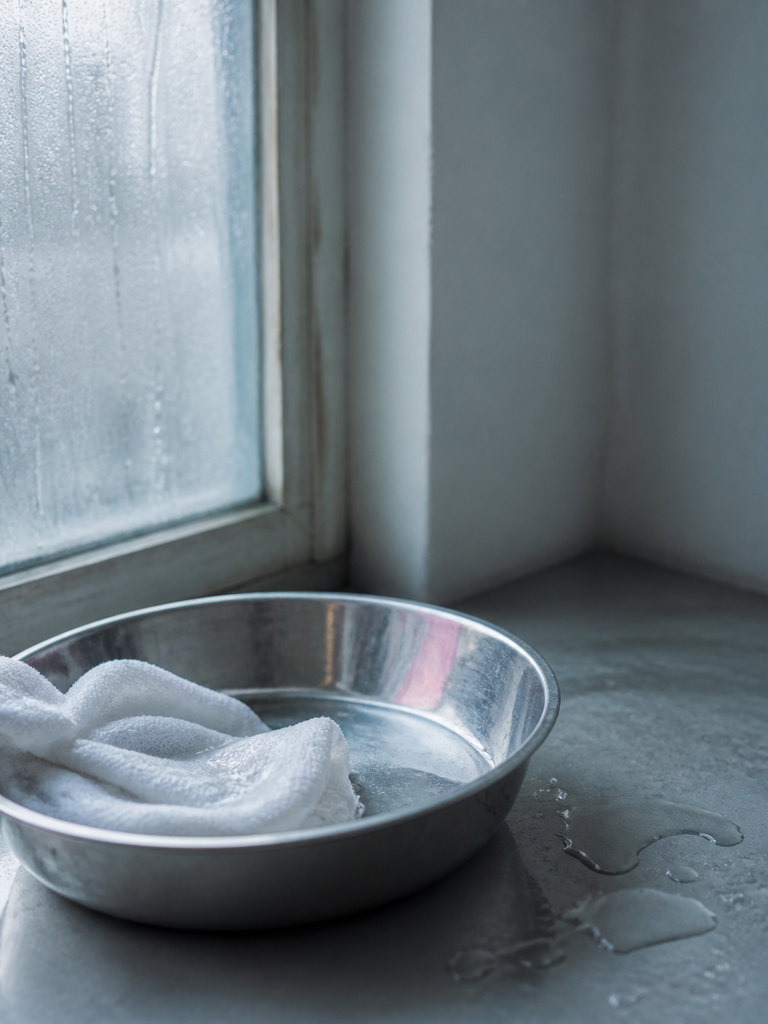 A damp white cloth rests in a shallow steel bowl beneath a misted window.