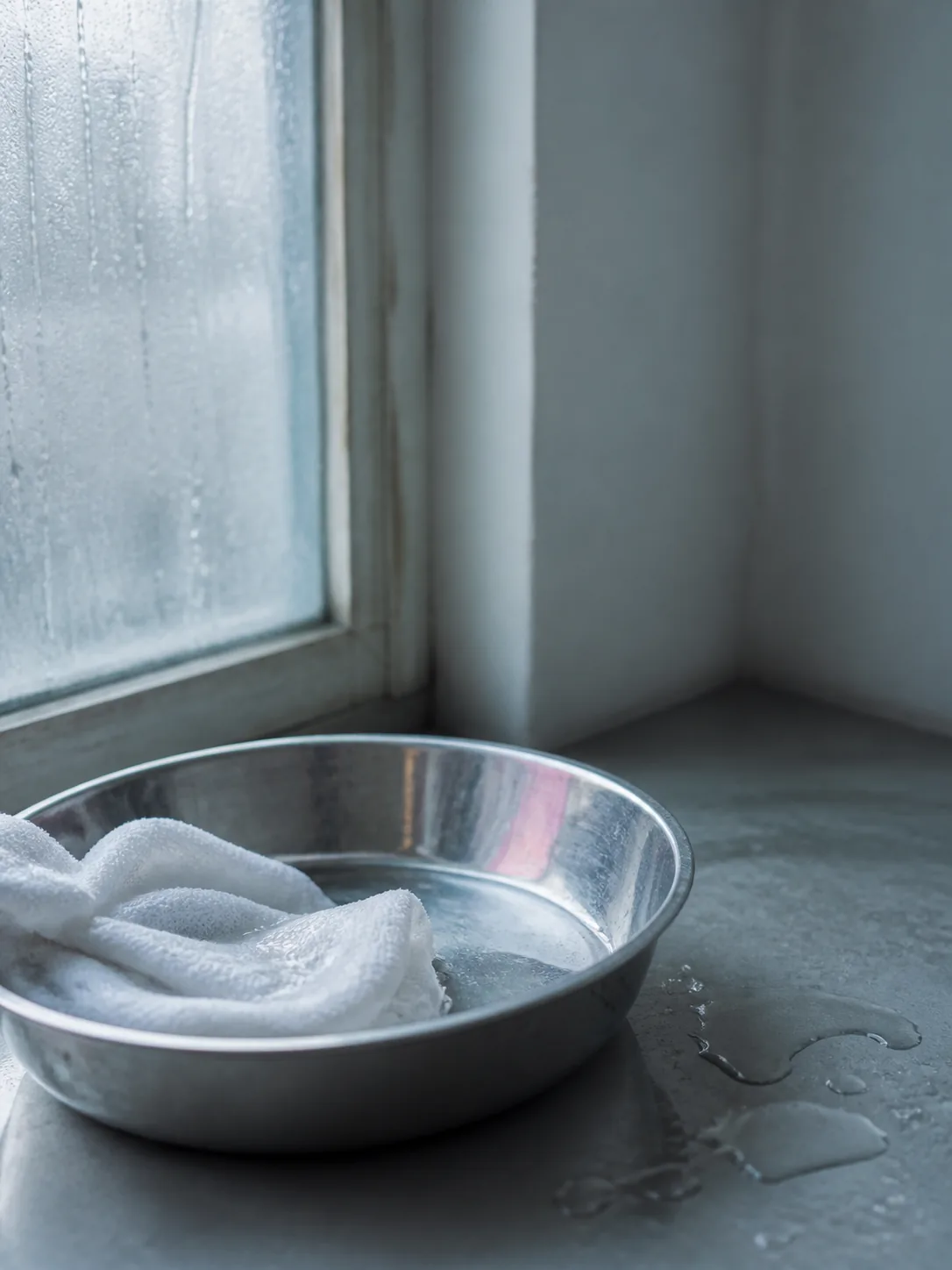 A damp white cloth rests in a shallow steel bowl beneath a misted window.
